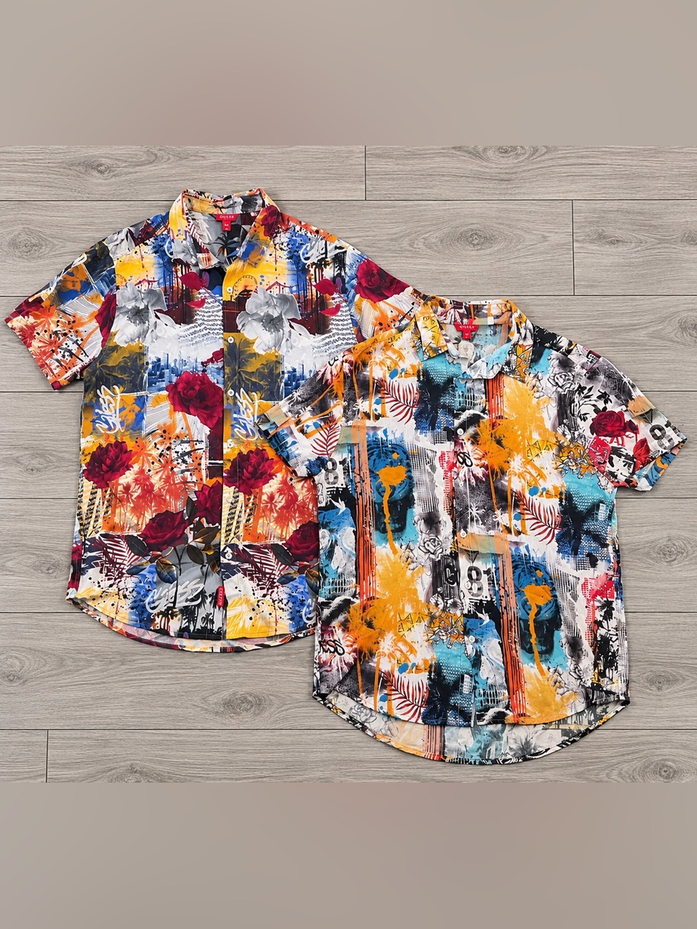 Set of 2 GUESS Men’s Button-Up Shirt Set Colorful Floral Abstract Print size M